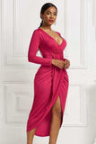 High-low Ruched Surplice Long Sleeve Dress - Trendsi - Flyclothing LLC