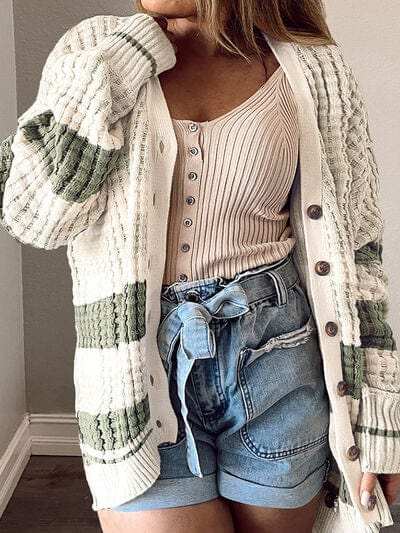 Plus Size Striped Button Up Dropped Shoulder Cardigan - Trendsi - Flyclothing LLC