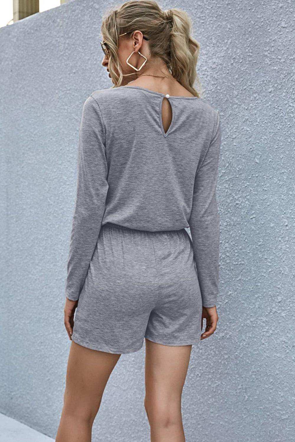Drawstring Waist Long Sleeve Romper - Trendsi - Flyclothing LLC