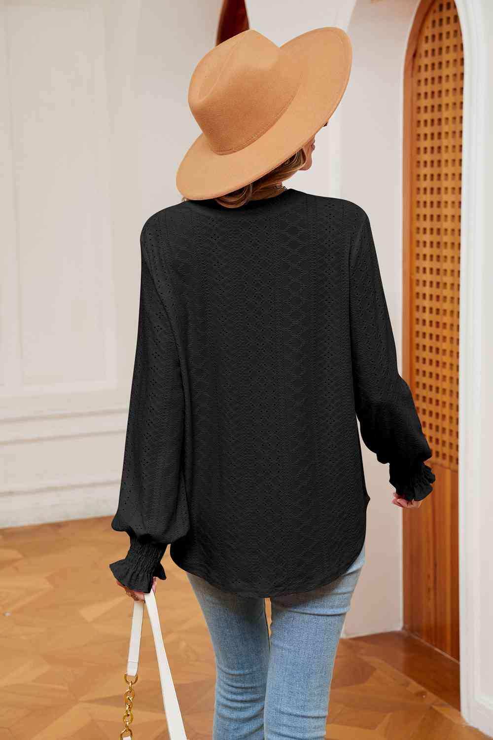 Notched Neck Flounce Sleeve Blouse - Trendsi - Flyclothing LLC
