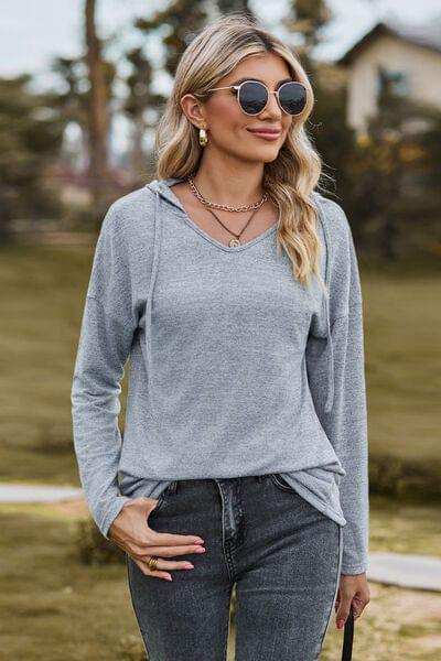 Drawstring Dropped Shoulder Hooded T-Shirt - Trendsi - Flyclothing LLC