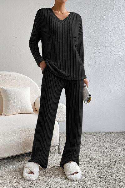 Ribbed V-Neck Top and Pants Lounge Set - Trendsi - Flyclothing LLC