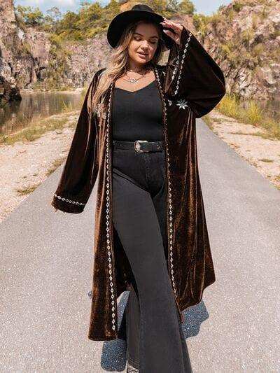 Plus Size Embroidery Open Front Long Sleeve Cardigan - Trendsi - Flyclothing LLC