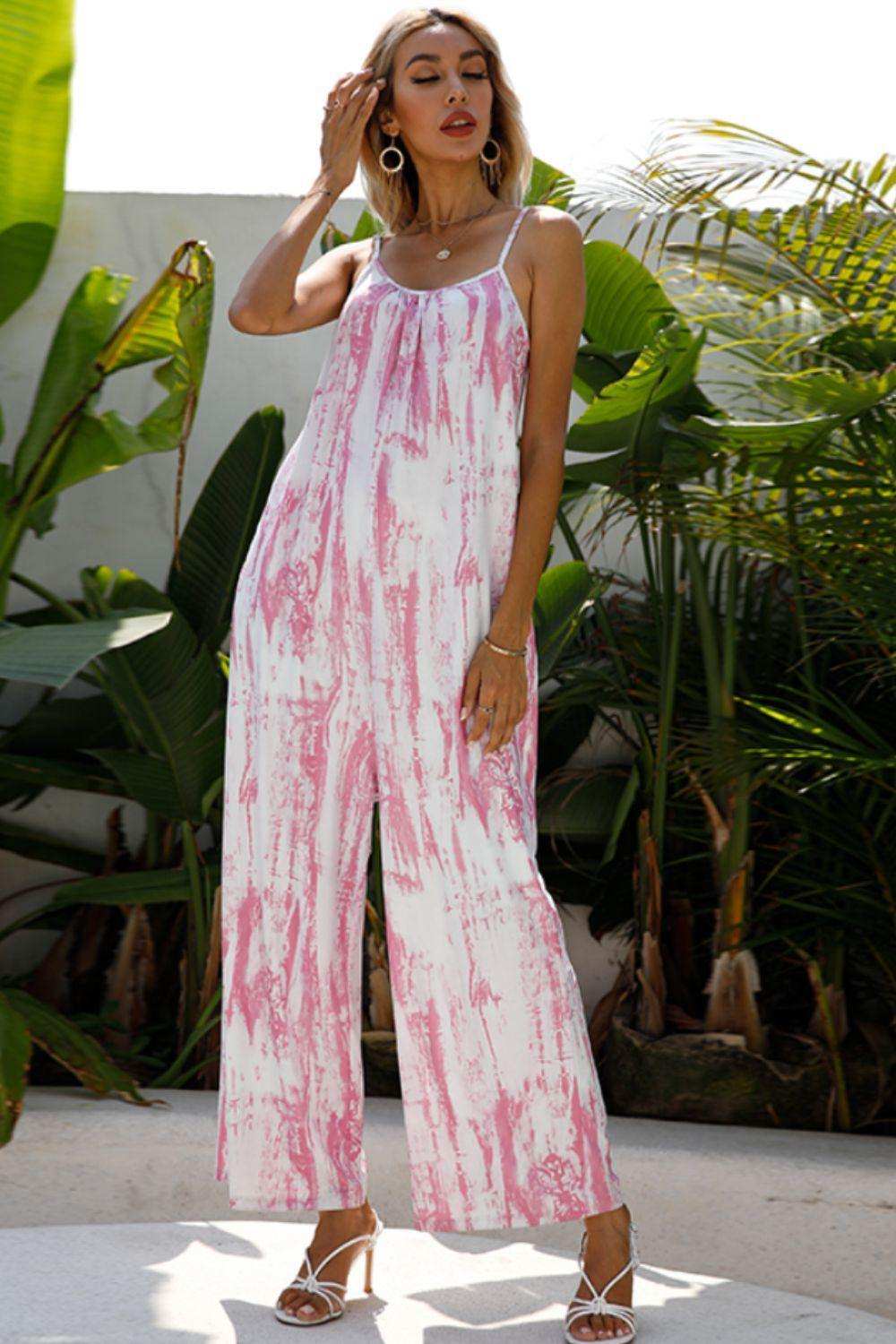 Tie-Dye Spaghetti Strap Jumpsuit with Pockets - Trendsi - Flyclothing LLC