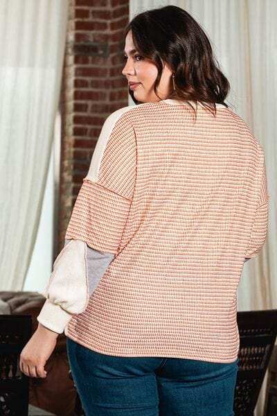 Plus Size Exposed Seam Color Block Round Neck Sweatshirt - Trendsi - Flyclothing LLC
