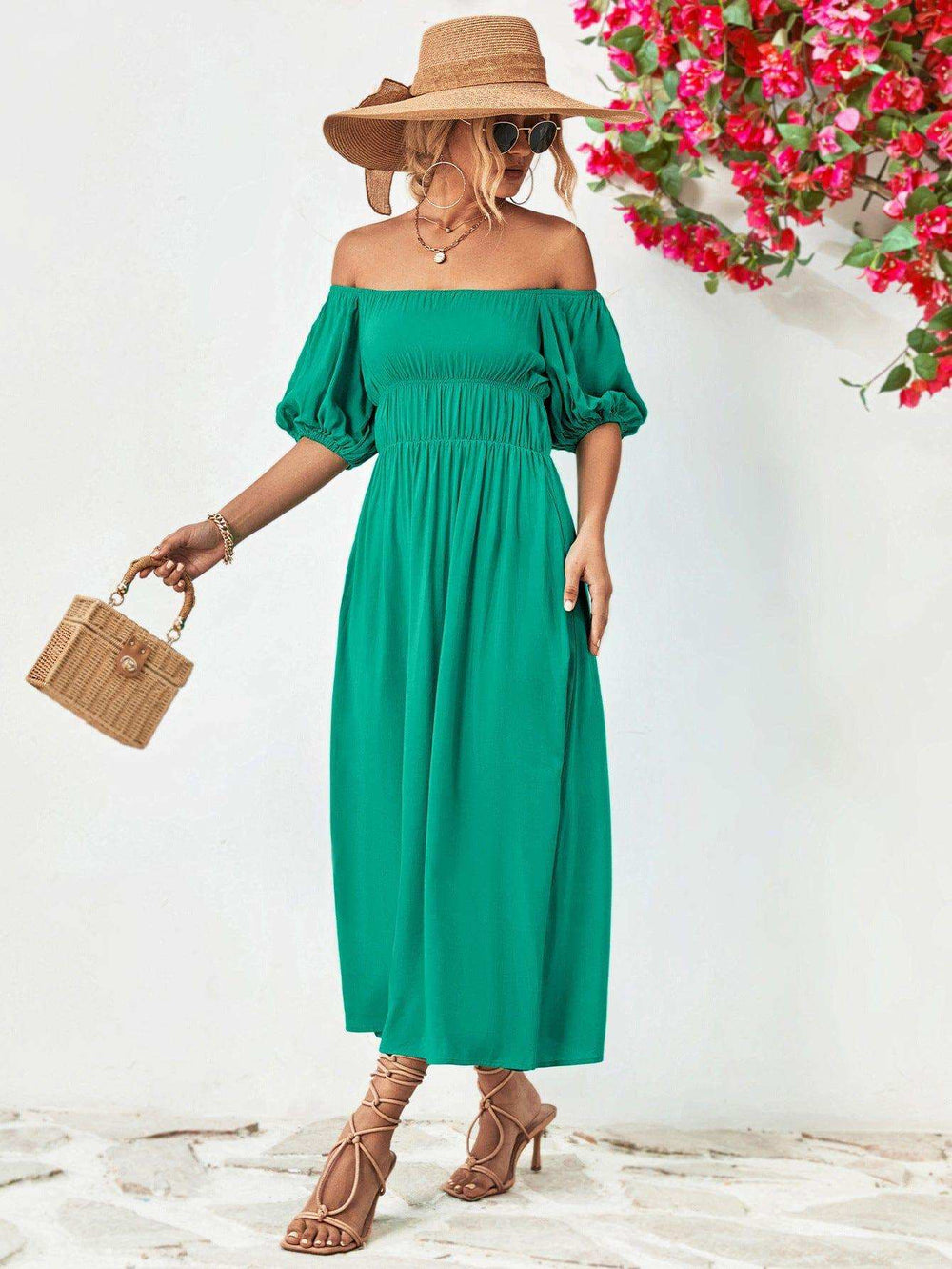 Off-Shoulder Balloon Sleeve Midi Dress - Trendsi - Flyclothing LLC
