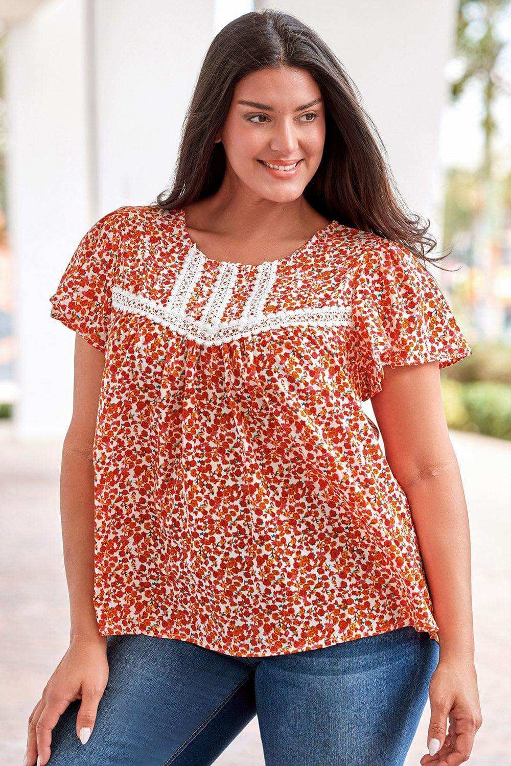 Plus Size Floral Lace Trim Round Neck Blouse - Trendsi - Flyclothing LLC