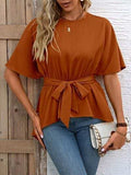 Tied Round Neck Half Sleeve Blouse - Trendsi - Flyclothing LLC