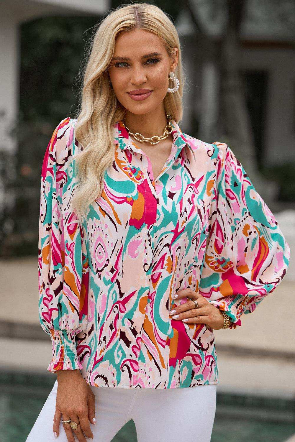 Printed Puff Sleeve Collared Blouse - Trendsi - Flyclothing LLC