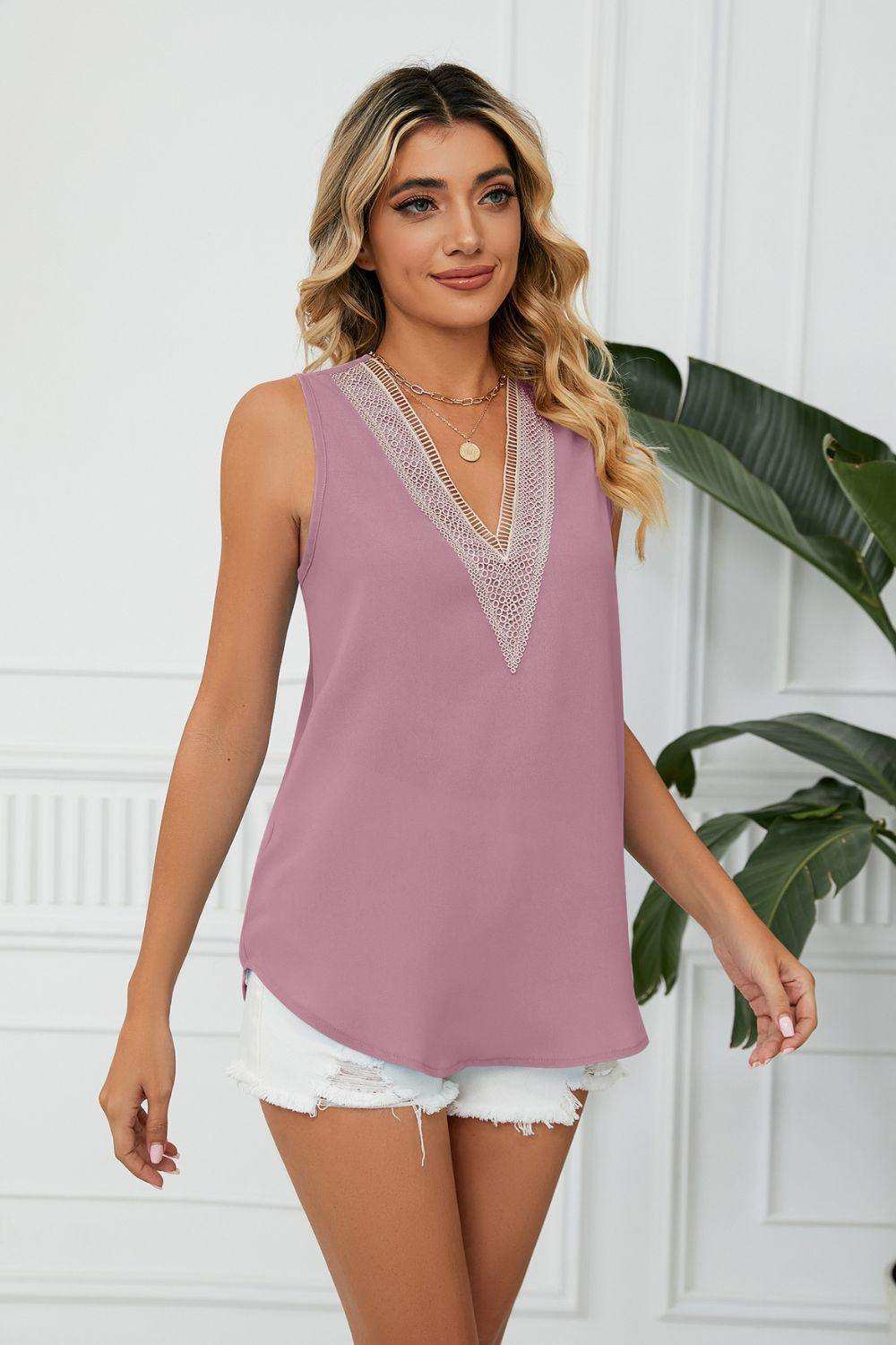 Contrast Trim Plunge Sleeveless Blouse - Trendsi - Flyclothing LLC