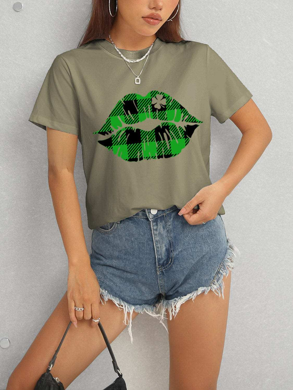 Plaid Lip Graphic Round Neck T-Shirt - Trendsi - Flyclothing LLC