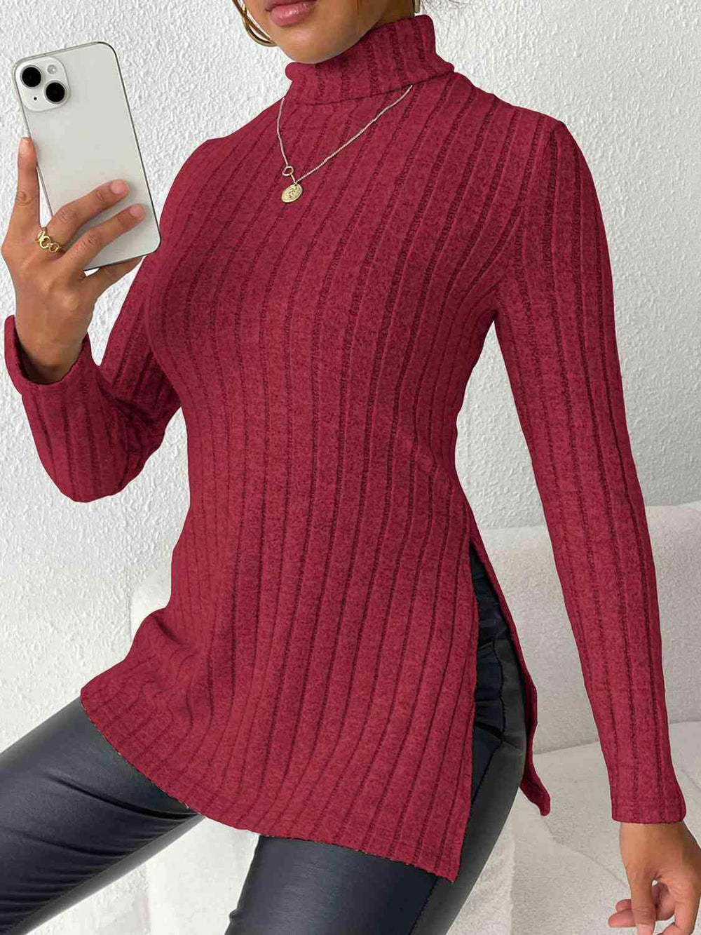 Ribbed Turtleneck Long Sleeve Slit T-Shirt - Trendsi - Flyclothing LLC