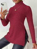 Ribbed Turtleneck Long Sleeve Slit T-Shirt - Trendsi - Flyclothing LLC