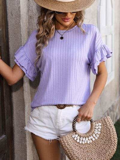 Ruffled Round Neck Short Sleeve Blouse - Trendsi - Flyclothing LLC
