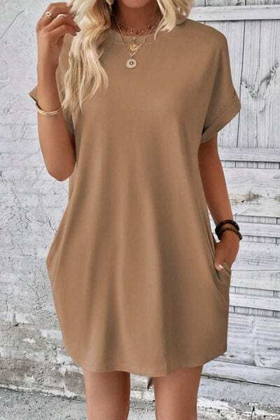 Pocketed Round Neck Short Sleeve Dress - Trendsi - Flyclothing LLC