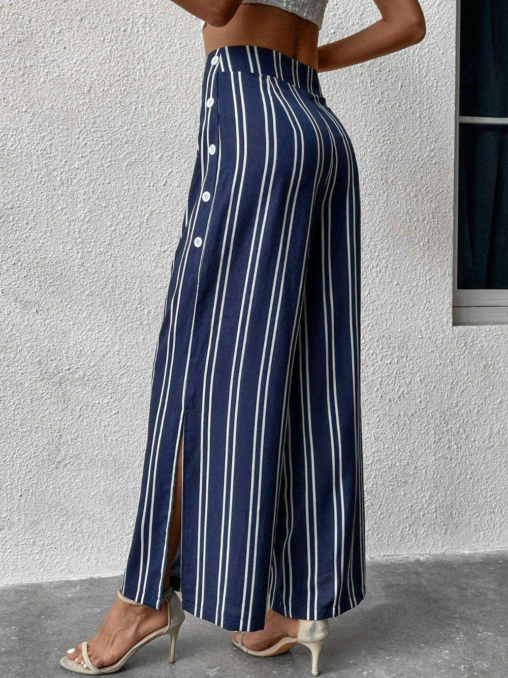 Striped Slit Wide Leg Pants - Trendsi - Flyclothing LLC