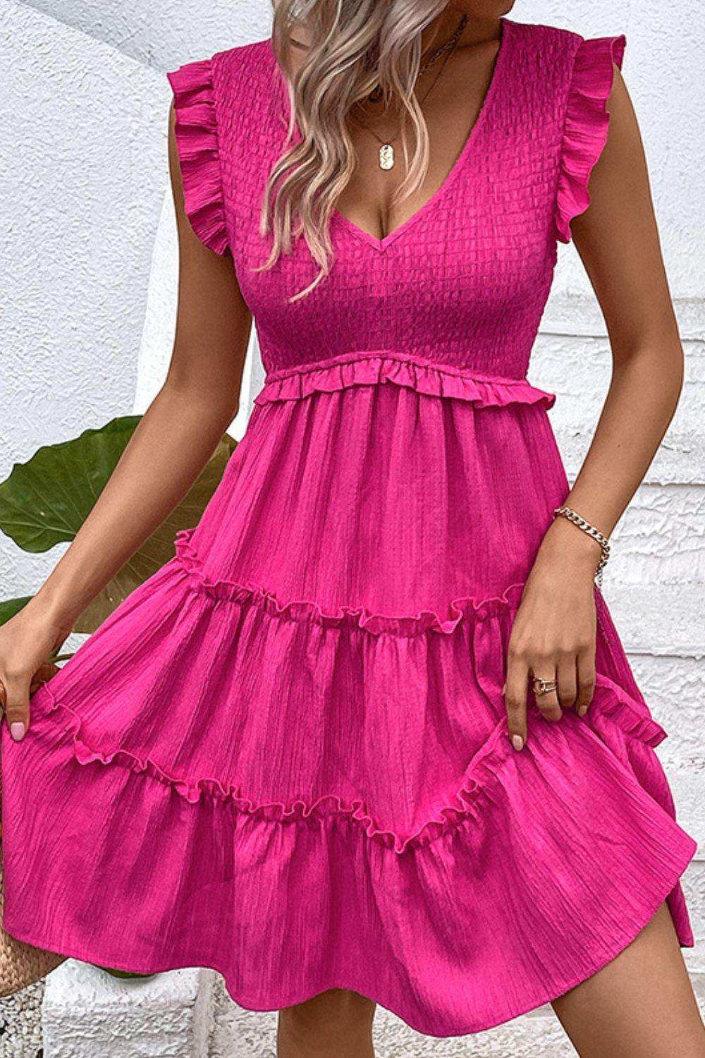 Smocked Frill Trim Deep V Dress - Trendsi - Flyclothing LLC