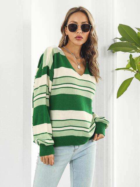 Striped V-Neck Long Sleeve Knit Top - Trendsi - Flyclothing LLC