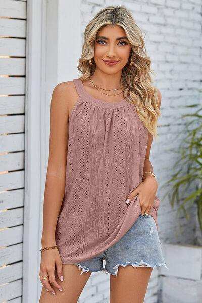 Openwork Round Neck Wide Strap Tank - Trendsi - Flyclothing LLC