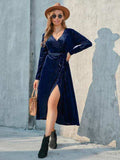 Tie Front Long Sleeve Slit Dress - Trendsi - Flyclothing LLC