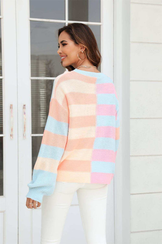 Round Neck Long Sleeve Color Block Dropped Shoulder Pullover Sweater - Trendsi - Flyclothing LLC