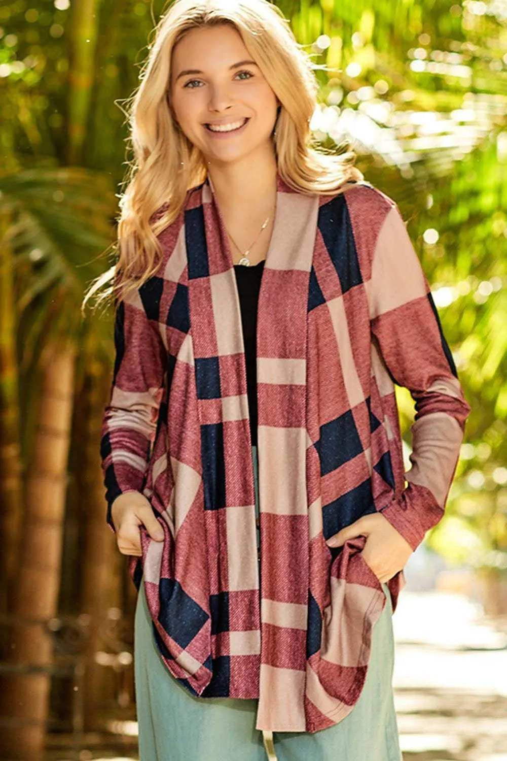 Plaid Open Front Cardigan - Trendsi - Flyclothing LLC