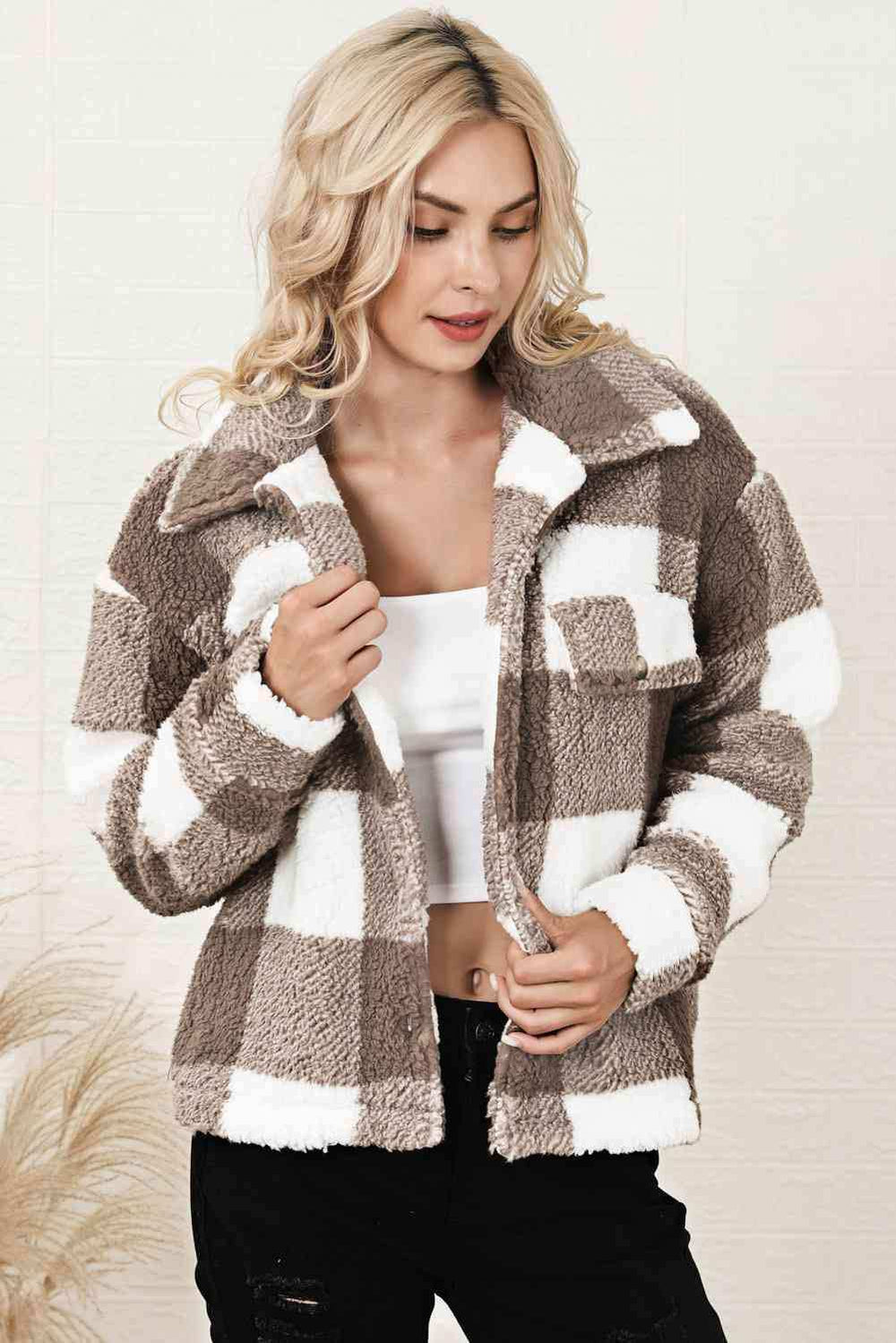 Plaid Collared Neck Drop Shoulder Jacket - Trendsi - Flyclothing LLC