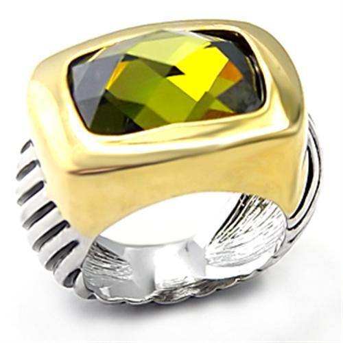 Alamode Reverse Two-Tone Brass Ring with AAA Grade CZ in Olivine color - Alamode - Flyclothing LLC