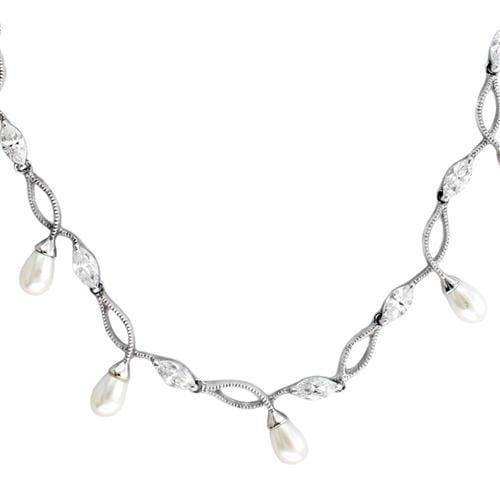 Alamode Rhodium 925 Sterling Silver Necklace with Synthetic Pearl in White - Alamode - Flyclothing LLC
