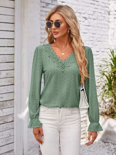 Applique V-Neck Flounce Sleeve T-Shirt - Trendsi - Flyclothing LLC