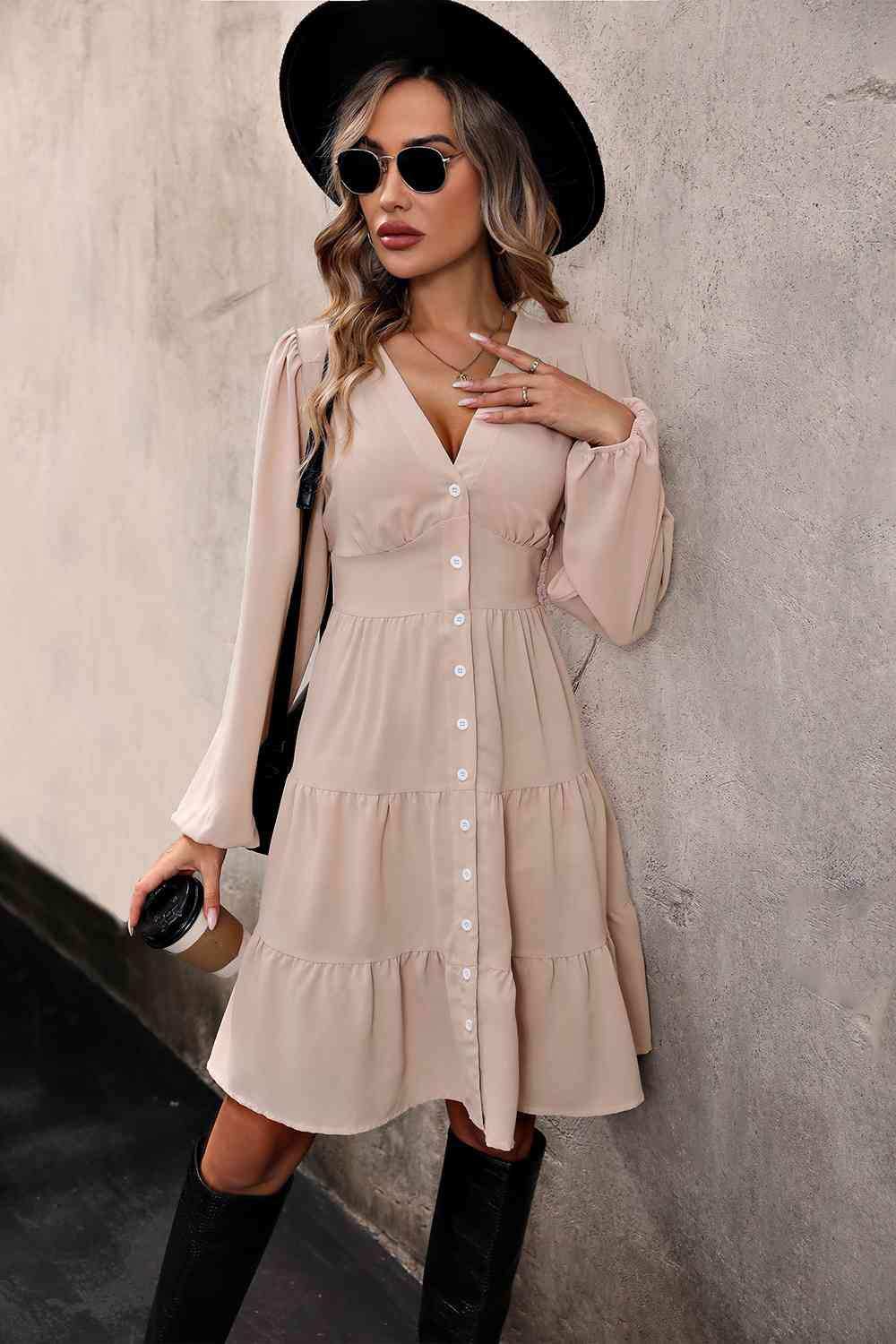 V Neck Button Up Tiered Dress - Trendsi - Flyclothing LLC