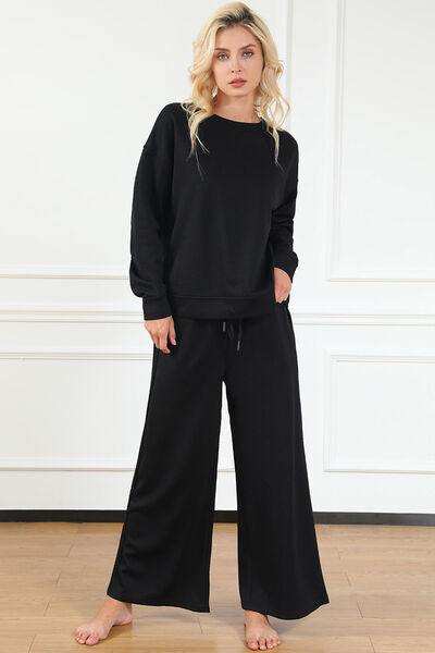 Double Take Full Size Textured Long Sleeve Top and Drawstring Pants Set - Trendsi - Flyclothing LLC