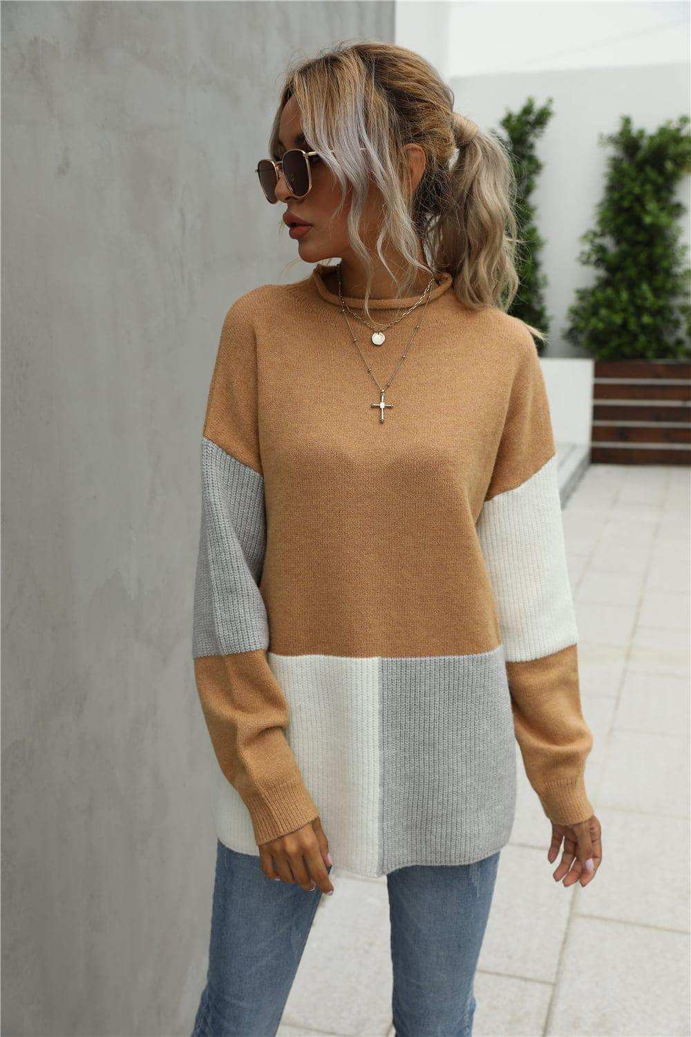 Color Block Round Neck Dropped Shoulder Sweater - Trendsi - Flyclothing LLC