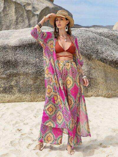 Printed Open Front Cardigan and Pants Set - Trendsi - Flyclothing LLC