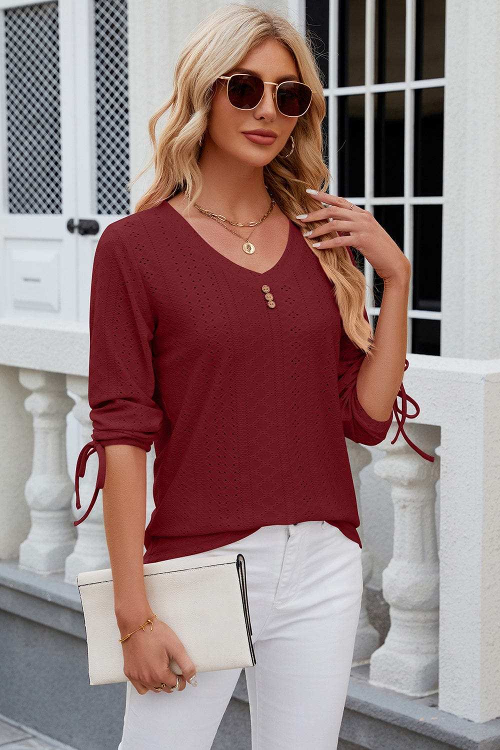 Eyelet Drawstring V-Neck Half Sleeve T-Shirt - Trendsi - Flyclothing LLC