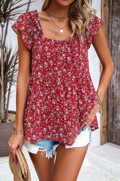 Printed Square Neck Cap Sleeve Blouse - Trendsi - Flyclothing LLC