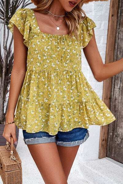 Printed Square Neck Cap Sleeve Blouse - Trendsi - Flyclothing LLC