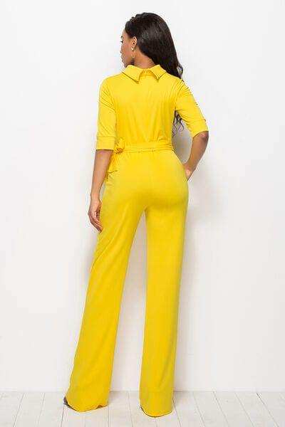 Mock Neck Tie-Waist Half Sleeve Jumpsuit - Trendsi - Flyclothing LLC