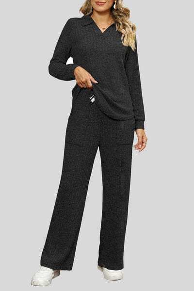 Ribbed Long Sleeve Top and Pocketed Pants Set - Trendsi - Flyclothing LLC