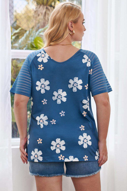 Plus Size V-Neck Raglan Sleeve Tee - Trendsi - Flyclothing LLC
