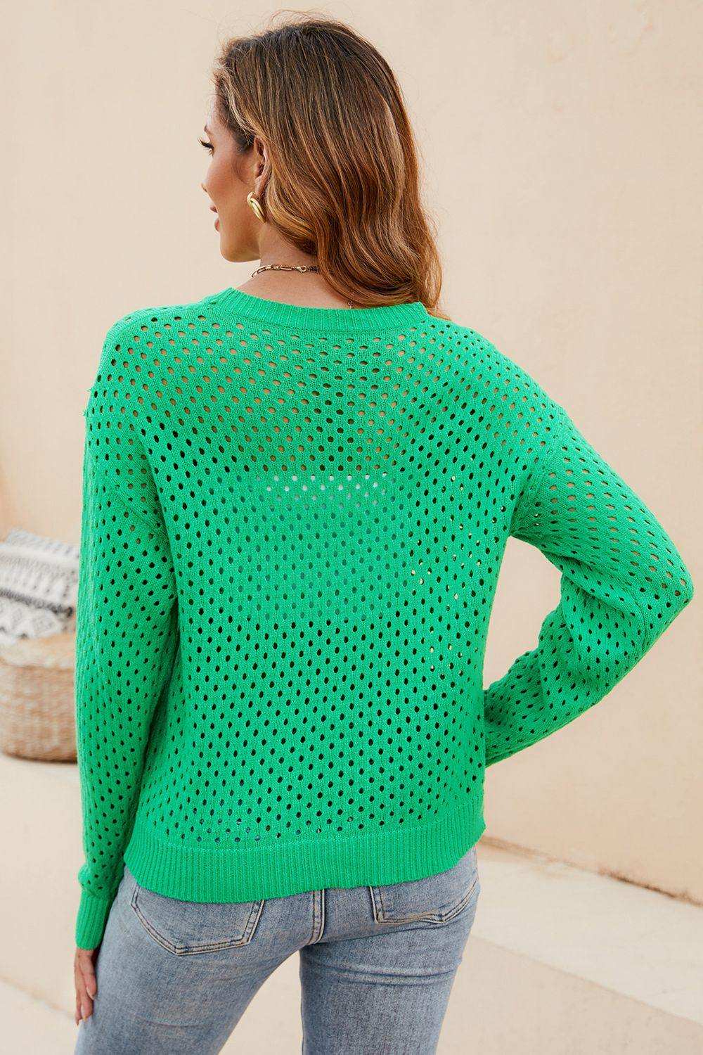 Round Neck Openwork Dropped Shoulder Knit Top - Trendsi - Flyclothing LLC