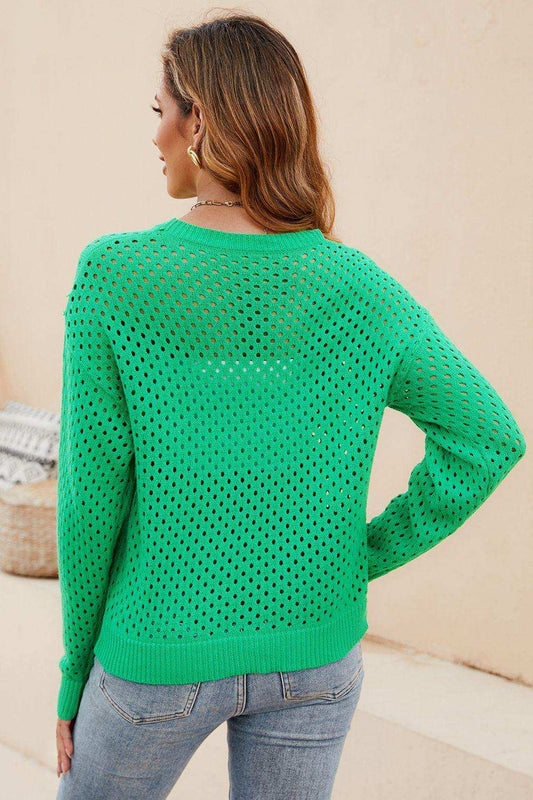 Round Neck Openwork Dropped Shoulder Knit Top - Trendsi - Flyclothing LLC