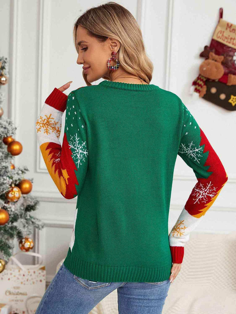 Printed Round Neck Long Sleeve Sweater - Trendsi - Flyclothing LLC