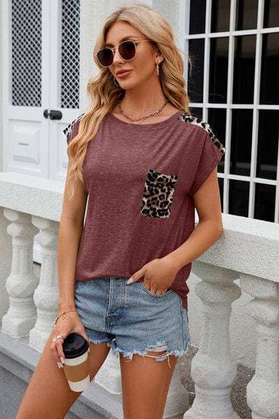 Leopard Round Neck Cap Sleeve T-Shirt - Trendsi - Flyclothing LLC