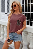Leopard Round Neck Cap Sleeve T-Shirt - Trendsi - Flyclothing LLC