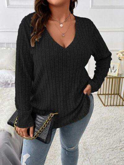 Plus Size V-Neck Long Sleeve T-Shirt - Trendsi - Flyclothing LLC