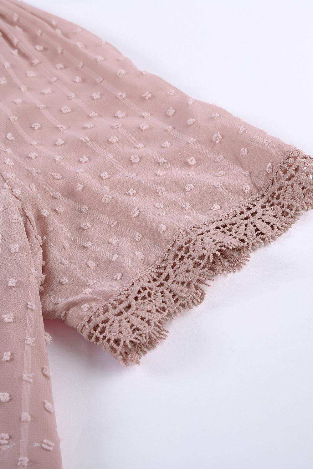 Swiss Dot Lace Trim Plunge Blouse - Trendsi - Flyclothing LLC