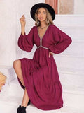 V-Neck Lantern Sleeve Ruffle Hem Dress - Trendsi - Flyclothing LLC