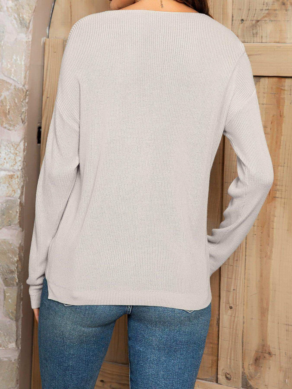 V-Neck Long Sleeve Knit Top with Pocket - Trendsi - Flyclothing LLC