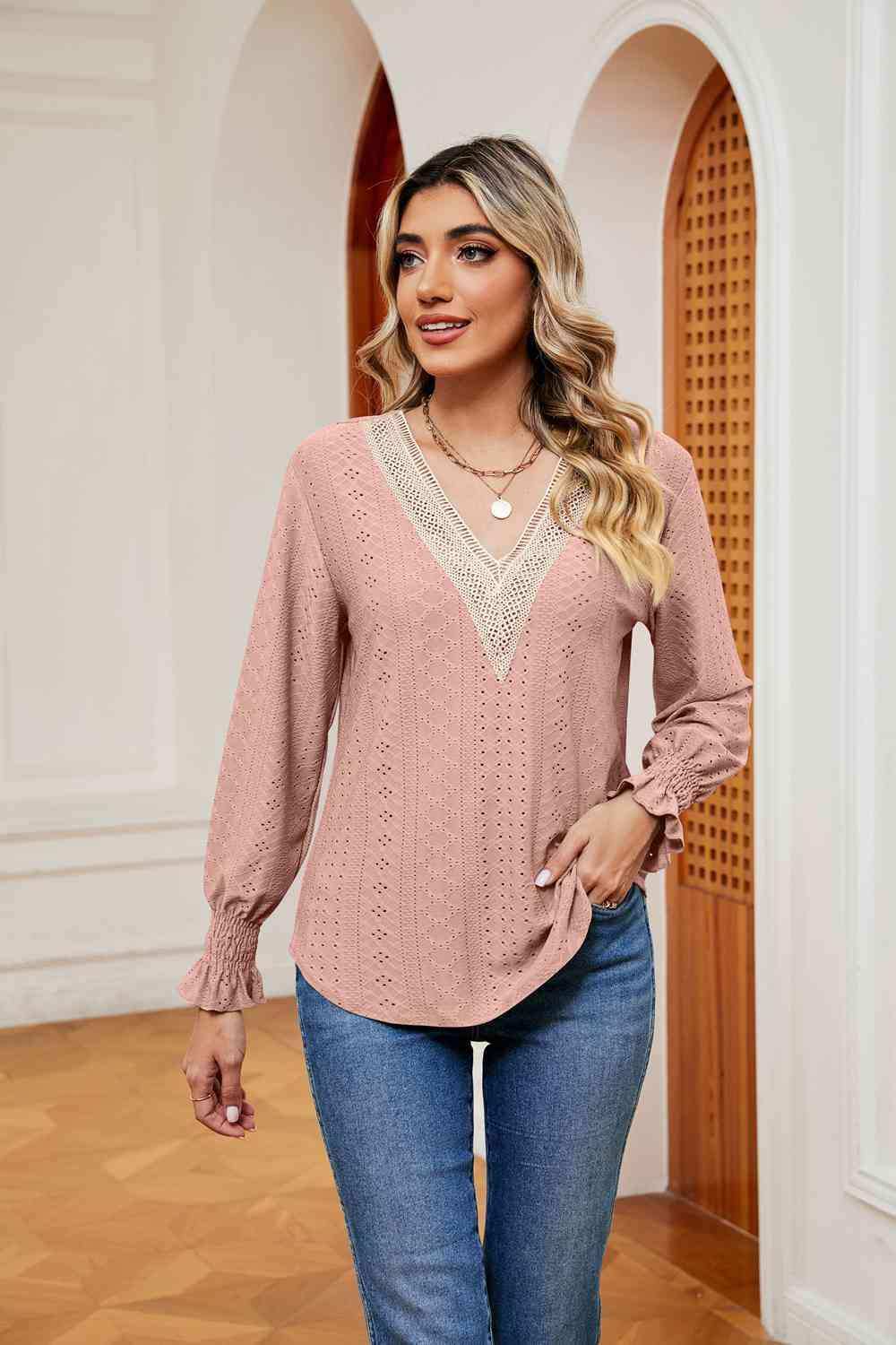 Contrast Flounce Sleeve Blouse - Trendsi - Flyclothing LLC